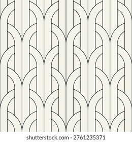 Vector seamless pattern. Stylish modern geometric ornament. Geometric striped background with arches. Art deco thin monochrome swatch. Tileable print with linear weaving arches.