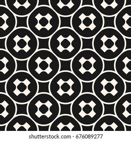 Vector seamless pattern, stylish monochrome geometric texture with smooth perforated shapes, crosses, circles, squares. Modern abstract repeat background. Design element for prints, decor, textile