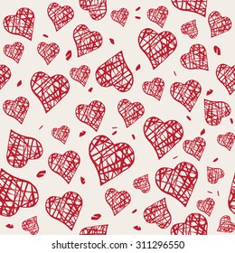 Vector seamless pattern. Stylish print with hand drawn red hearts