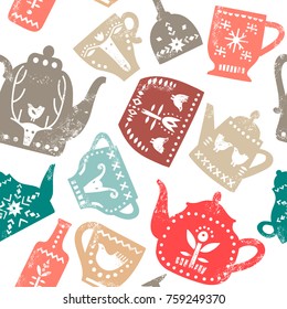 Vector seamless pattern of stylish teapots and mugs with white folk patterns and textures. For the menu of tea cafe, packing, posters.