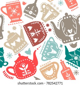 Vector seamless pattern of stylish teapots and mugs with white folk patterns and. For the menu of tea cafe, packing, posters.