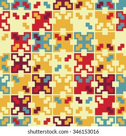 Vector seamless pattern. Stylish textile print with geometric bright design. Colorful fabric background with random colored tiles.