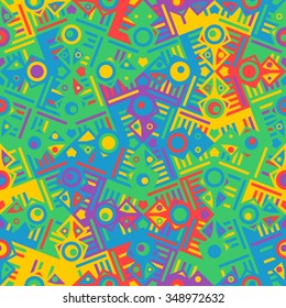 Vector seamless pattern. Stylish textile print with bright psychedelic design. Colorful fabric background with random colored abstract birds.