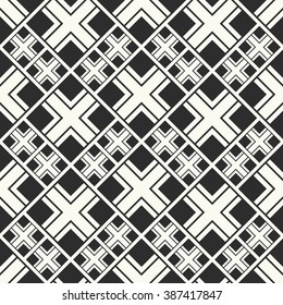 Vector seamless pattern. Stylish textile print with geometric ethnic design. Black and white fabric background. Simple seamless pattern with square tiles.