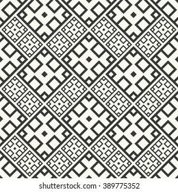 Vector seamless pattern. Stylish textile print with geometric ethnic design. Black and white fabric background. Simple swatch with square tiles.
