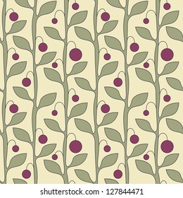 Vector seamless pattern. Stylish texture. Endless floral background. Vertical branches with leaves and berries