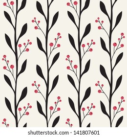 Vector seamless pattern. Stylish texture. Endless floral background. Vertical branches with leaves and berries