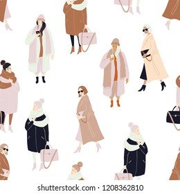Vector seamless pattern with stylish women dressed in cozy oversized coats in neutral colors