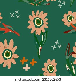 Vector seamless pattern. Stylized abstract pink flowers with a shabby texture on a green background. For design, print, wallpaper, textile, fabric, paper.