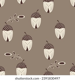 Vector seamless pattern with stylized acorns. Fall botanical print is perfect for seasonal decor, wrapping paper or textile