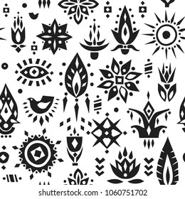 Vector seamless pattern of stylized black african flowers on a white background.