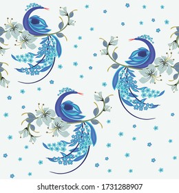 Vector seamless pattern with stylized blue peacock birds on branch, small blue flowers. Traditional Asian folk style painting. Elegant repeat background texture. Design for decor, textile, wallpapers