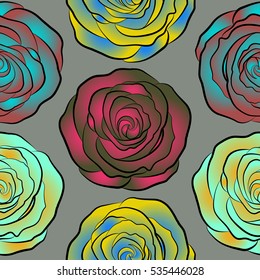 Vector seamless pattern with stylized blue, yellow and pink roses. Square composition with abstrct vintage roses.