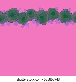 Vector seamless pattern of stylized blue, pink and violet roses with copy space (place for your text). Horizontal rose watercolor flower illustration.