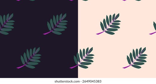 Vector seamless pattern of stylized botanical leaves on split background. Simple, flat foliage perfect for textile prints, surface design, packaging and eco-friendly branding