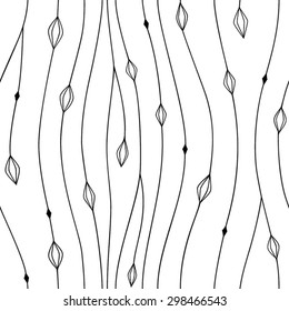 Vector seamless pattern with stylized branches and leaves. Linear black and white background.