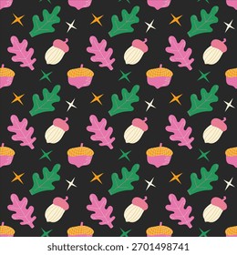 Padrão sem emenda do vetor. Folhas brilhantes estilizadas e bolotas em um fundo escuro contrastante. Ideal para impressão, embalagem e aplicações de design na moda.