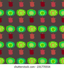 Vector seamless pattern with stylized colorful trees in pots.  Endless pattern for invitations, greeting cards, scrapbooking, print, gift wrap, manufacturing. 