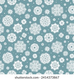 Vector seamless pattern from stylized cut paper snowflakes on a turquoise blue background. Christmas and New Year winter snowfall print 