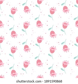 Vector seamless pattern with stylized delicate pink flowers with green leaves. The design is great for wallpapers, scrapbooking, summer and wedding designs, packaging, textiles, fabrics, bedding