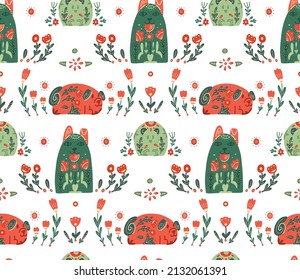 Vector seamless pattern with stylized dogs with folk ornaments and floral ornaments. Animalistic texture with various pet with a tribal boho decorations and polka dot on white background