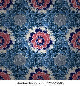 Vector seamless pattern with stylized doodle flowers. Cute floral background for textile, fabric, wrapping, scrapbooking.