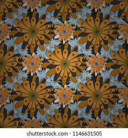 Vector seamless pattern with stylized doodle flowers. Cute floral background for textile, fabric, wrapping, scrapbooking. Childish design in blue, yellow and gray colors.