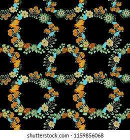 Vector seamless pattern with stylized doodle flowers. Cute floral background for textile, fabric, wrapping, scrapbooking. Childish design in black, green and orange colors.