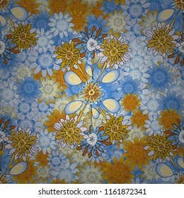 Vector seamless pattern with stylized doodle flowers. Cute floral background for textile, fabric, wrapping, scrapbooking. Childish design in yellow, orange and blue colors.