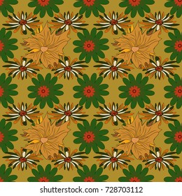 Vector seamless pattern with stylized doodle flowers. Cute floral background for textile, fabric, wrapping, scrapbooking. Childish design in orange, yellow and green colors.