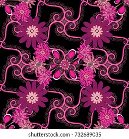 Vector seamless pattern with stylized doodle flowers. Cute floral background for textile, fabric, wrapping, scrapbooking. Childish design in black, pink and purple colors.