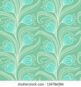 Vector seamless pattern with stylized drawings of Chinese lantern flower (plant) on climbing vine in green & blue. Texture for web, print, wallpaper, textile, home decor, spring summer fashion textile