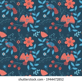 vector seamless pattern of stylized ethnic birds and nature in orange and blue colours, main colour is blue