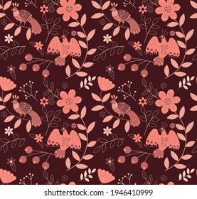 vector seamless pattern of stylized ethnic birds and nature in orange colours, autumn orange palette