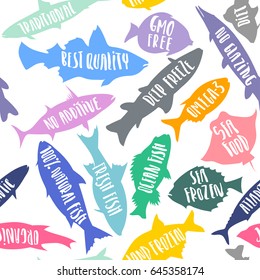 Vector seamless pattern of stylized fish with white handwritten lettering. For packaging, advertising of  fresh, organic, natural sea food.