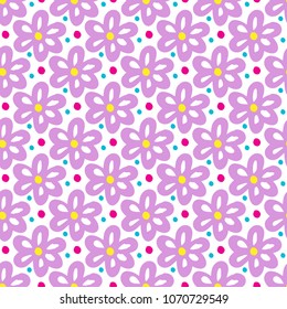 Vector seamless pattern of stylized floral motif, many small flowers, hole, spots on white background. Hand drawn small violet flowers. Seamless floral background in violet colors.