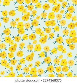 Vector seamless pattern with stylized floral motif, lots of small yellow flowers on a light green background. Hand-drawn little yellow flowers.