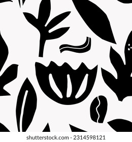 Vector seamless pattern, stylized floral black on white background, contemporary elements. For design, fabric, print, wallpaper, textile, paper, etc.