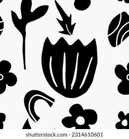 Vector seamless pattern, stylized floral black on white background, contemporary elements. For design, fabric, print, wallpaper, textile, paper, etc.