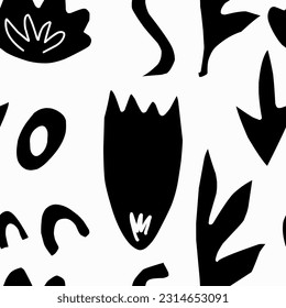 Vector seamless pattern, stylized floral black on white background, contemporary elements. For design, fabric, print, wallpaper, textile, paper, etc.