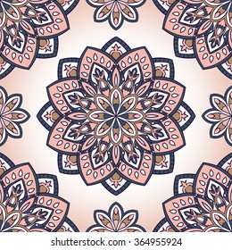 Vector seamless pattern with stylized floral mandalas. Gentle ornament on a white background. Oriental template for design textiles, wallpaper, carpet, curtain, pillowcase, linens.