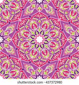 Vector seamless pattern with stylized floral mandalas. Gentle ornament on a purple background. Oriental template for design textiles, wallpaper, carpet, curtain, pillowcase, linens.