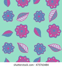Vector seamless pattern of stylized floral motif, hole, spots, flowers, doodles on colored background. Hand drawn. Seamless floral background.