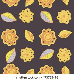 Vector seamless pattern of stylized floral motif, hole, spots, flowers, doodles on colored background. Hand drawn. Seamless floral background.