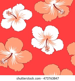 Vector seamless pattern of stylized floral motif, hole, spots, hibiscus, doodles on colored background. Hand drawn. Seamless floral background.