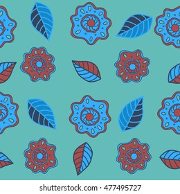 Vector seamless pattern of stylized floral motif, hole, spots, flowers, doodles on colored background. Hand drawn. Seamless floral background.
