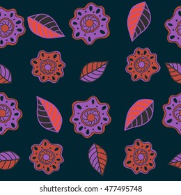 Vector seamless pattern of stylized floral motif, hole, spots, flowers, doodles on colored background. Hand drawn. Seamless floral background.