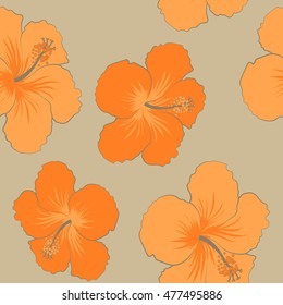 Vector seamless pattern of stylized floral motif, hole, spots, hibiscus, doodles on colored background. Hand drawn. Seamless floral background.