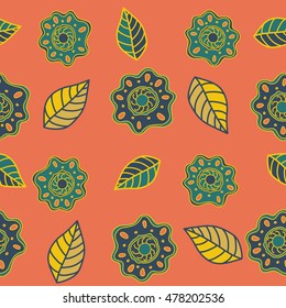 Vector seamless pattern of stylized floral motif, hole, spots, flowers, doodles on colored background. Hand drawn. Seamless floral background.