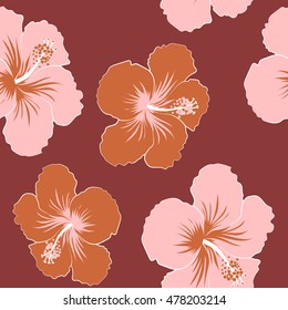 Vector seamless pattern of stylized floral motif, hole, spots, hibiscus, doodles on colored background. Hand drawn. Seamless floral background.